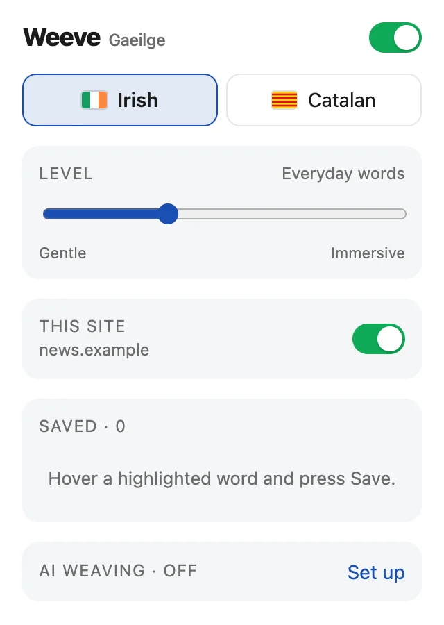 The Weeve popup: an on/off switch, language buttons, a level slider from Gentle to Immersive, a switch for the current site, the saved words list, and AI weaving set to off.